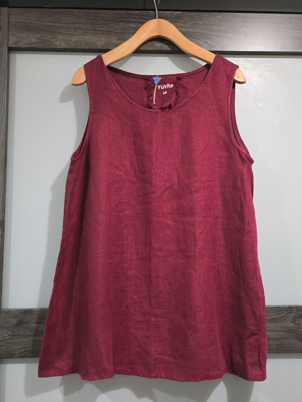 Yuvita Burgundy Wine Herringbone 100% Linen SleevelessTank Top XS